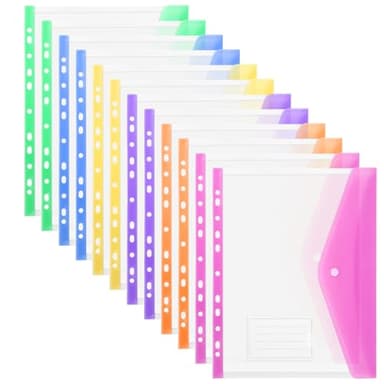 OFFCUP Perforées Extensibles A4,12pcs Pochettes Perforées, Pochette Document avec Fermeture à Pression, Transparent Pochette à Bouton Pression Couleur pour Voyage Fournitures Bureau-Horizontal