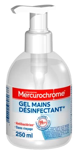 MERCUROCHROME - Gel Mains Désinfectant Hydroalcoolique - Antibactérien - Sans rinçage - Ne colle pas - Sèche Rapidement - Flacon pompe - Format Familial 250 mL - Fabriqué en France