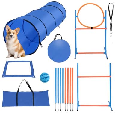 Gimisgu Kit d'agilité pour chien - Grand kit d'équipement d'agilité pour chien - Accessoire d'entraînement pour chien - Obstacle d'agilité - Anneau de saut pour chien - 8 barres de slalom - Balle -