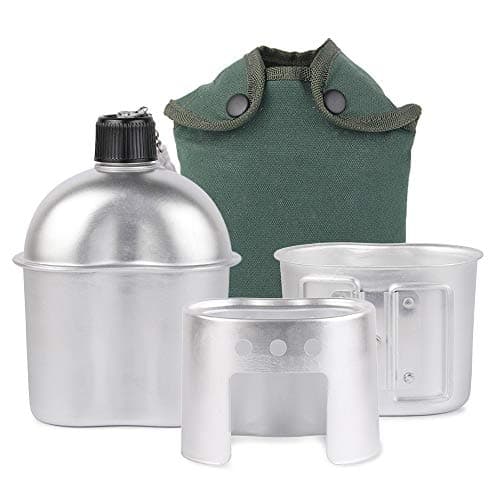 Lixada Gourde Kit de Cantine Militaire, 3pcs Batterie de Cuisine en Aluminium Mmilitaire Cantine Coupe Poêle à Bois Ensemble avec Housse pour Le Camping Randonnée Sac à Dos