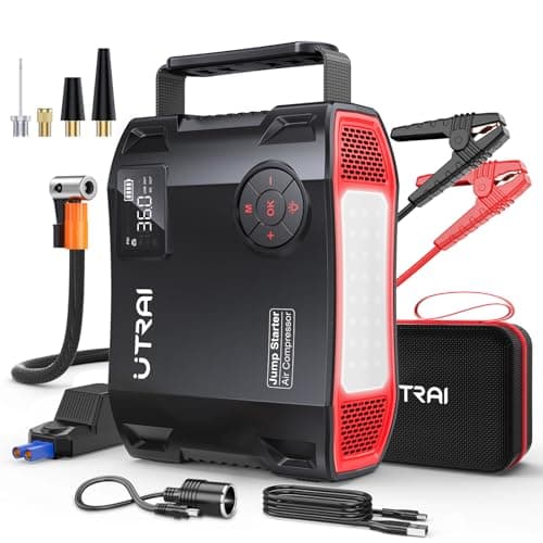 UTRAI Booster Batterie Voiture 7000A, 27000mAh Demarreur Batterie Voiture avec Gonfleur 150 PSI, 1600 Lumens LED, 18W Charge Rapide, Sortie CC 160 W, Jump Starter Portable (Tous Gaz ou 12L Diesel)