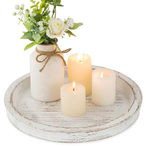 Hanobe Chandelier Bougeoir Bois Plateau: Rond Decoratif Bougie Chandelier Deco pour Centre de Table - Vintage Petit Blanc Bougeoirs Decoration Christmas pour Maison Noel