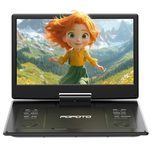 POFOTO Lecteur DVD Portable 15,7" avec Écran Pvotant HD 14,1", 6h Autonomie, Compatible Multiformat Disques/SD/USB, sans Région, Mémoire de Lecture, Sortie TV/Projecteur, Haut-parleurs Stéréo