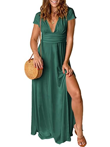 QUNERY Robe Longue Femme Ete Robe de Plage Manches Courtes Robe D'été Casual col en V Taille Haute Robe Cocktail Demoiselle d'honneur Mariage Fête Aniversaire Vert XL