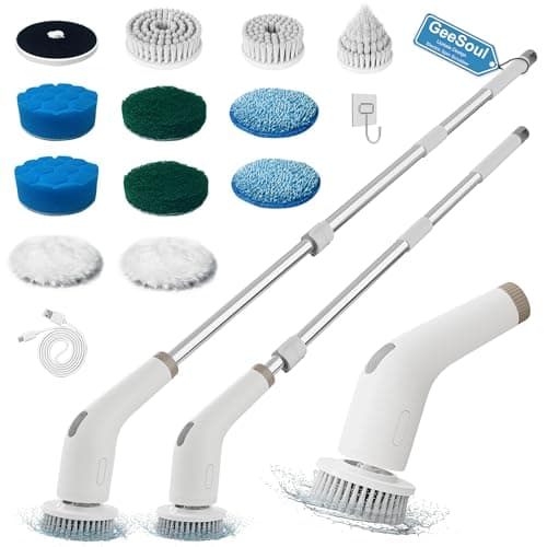 Geesoul Brosse de Nettoyage électrique 13 en 1, Grande Puissance avec 2 Vitesses réglables, Brosse de Nettoyage de Douche pour Salle de Bain, Baignoire, Toilettes, Cuisine (Blanc)