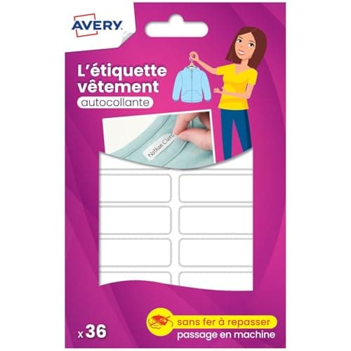 Avery Étiquettes Autocollantes Blanches Inscriptibles 36 Pièces - autocollant Personnalisable avec un marqueur permanant - Durable Lavable jusqu'à 40C et sèche-linge - 1,3 x 4,5 cm