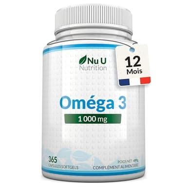 Omega 3 Fish Oil 1000 mg - Huile de Poisson - 365 Gélules - Cure d'1 An - Riche en EPA 540mg et DHA 360mg - Compléments alimentaires de Nu U Nutrition