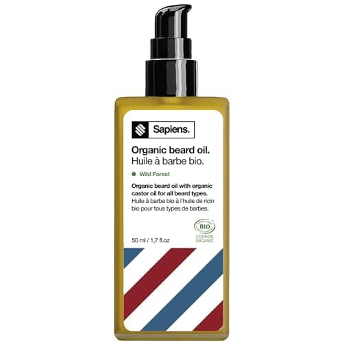 Sapiens Barbershop Huile Barbe Homme BIO - Fabriquée en France - Huile de Ricin Barbe Certifiée Cosmos Organic - Soin Barbe Homme - Hydrate et Favorise la Pousse (50 ml)