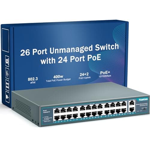 YuanLey 26 Port PoE Switch, 24 PoE+ Port 100Mbps, 2 Uplink Gigabit, 802.3af/at Haute Puissance 400W, Plug and Play Non Géré en Rack