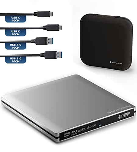 techPulse120 Externe USB 3.1 USB-C Lecteur Graveur UHD 4k 3D M-Disc Blu-Ray DVD CD BDXL HDR10 128GB Superdrive Windows macOS Deluxe Aluminium Argenté