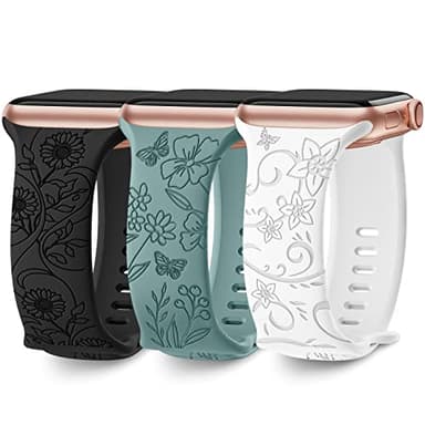 AMSKY 3 Pièces Floral Gravés Bracelets Compatibles avec Bracelet Apple Watch 40mm 46mm 41mm 44mm 45mm 38mm 42mm 49mm Femme, Bracelet Silicone Compatible avec iWatch Se Ultra Serie 10 9 8 7 6 5 4 3 2 1