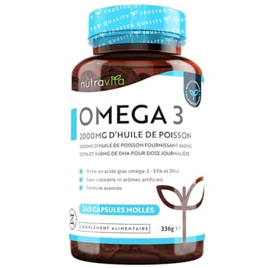 Omega 3 Huile de Poissons Sauvages 2000mg - 240 Gélules (120 Jours) - Haute Concentration en EPA (660mg) & DHA (440mg) Soutien Fonction Cardiaque et une Vision Normale - Fabriqué par Nutravita