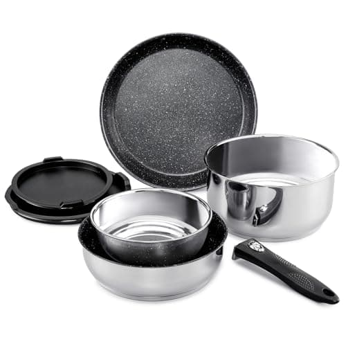 ROSSETTO Set de casseroles induction 7 pièces poele inox batterie de cuisine avec poignées amovibles, poêle antiadhésive sans PFOA de 20/26 cm et casserole de 16/20 cm, résistante au four