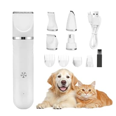 Journeyside 4 en 1 Tondeuse Chien Set, Professionnelle Tondeuses pour Chien Sans Fil, Silencieuse Tondeuse pour Chats, 4 Têtes de Coupe Multi-usages pour Chats et Chiens, Avec Peigne Limite