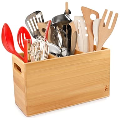 SAUNNIHEN Grand Porte Ustensiles Cuisine Bambou, Rangement Ustensiles Robuste avec 3 Compartiments de Rangement, Plateau Amovible pour Ajuster l'espace et 2 Poignées Latérales pour une Mobilité Facile