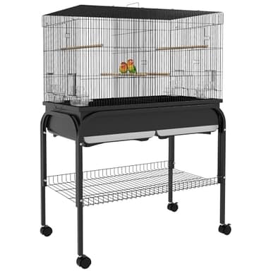 PawHut Grand Cage Oiseaux, Cage Perroquet, volière Oiseaux intérieur extérieur, avec Support, roulettes pour cacatoès Perruche canaris Perroquet, Acier, 85 x 49 x 119 cm, Noir