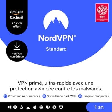 NordVPN Essentiel, Exclusivité Amazon, 10 Appareils, 1 An + 1 Mois Extra, Code Numérique
