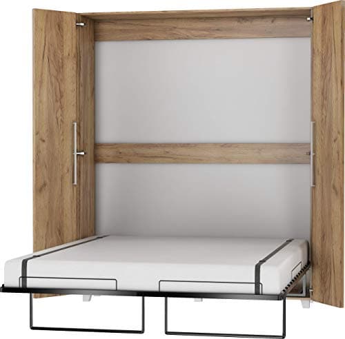 FurnitureByJDM Lit Escamotable 2 Personne - Lit Double Armoire Pliable - 160x200 cm - Pliant,Rabattable,Mural - Murphy Bed Vertical- Teddy (Craft Or)