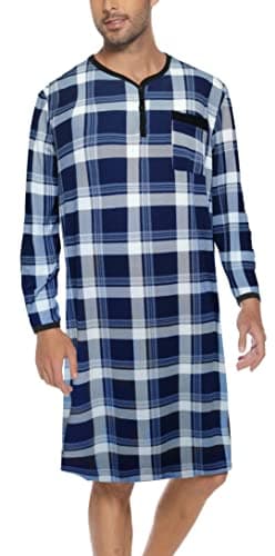 Chemise de Nuit Homme Pyjama Manches Longues Hauts de Pyjama Homme Tee-Shirt Long Col V avec Boutons Vêtements d'Intérieur T-Shirt Grande Taille Douce Confortable Carreaux Bleu Marine -A XXL