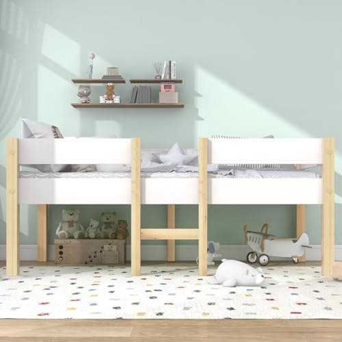 KOMHTOM Lit d'enfant en Mezzanine avec Clôture de Sécurité et Rangement sous lit, Cadre de lit avec Sommier à Lattes en Bois(sans Matelas) (90x200CM)