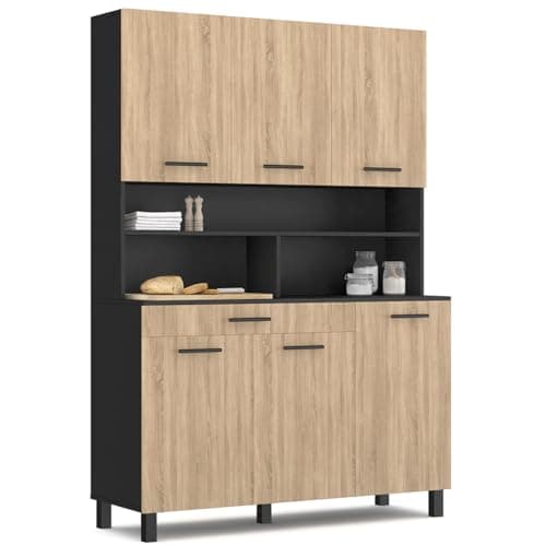 IDMarket - Buffet de cuisine 120 CM CINA 6 portes + tiroir noir et façon hêtre