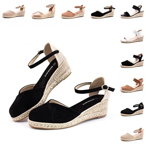 Hitmars Sandales Compensées Femme Été Espadrille Plateforme Talon Bout Fermé Chausson Boucle de Cheville Mode Chic Confortable Espadrilles Noir 43 EU