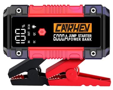 CARHEV Booster Batterie Voiture 6000A, 26800mAh Démarreur de Voiture (Jusqu’à 10L Essence & 10L Diesel), 12V Portable Jump Starter avec Lampe à LED, Grand Écran LCD, Pinces de Sûreté Intelligentes