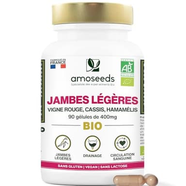 Jambes Légères BIO | Circulation Sanguine, Drainage, Élimination | Vigne Rouge, Cassis, Hamamélis | 90 gélules de 400mg | Qualité Supérieure