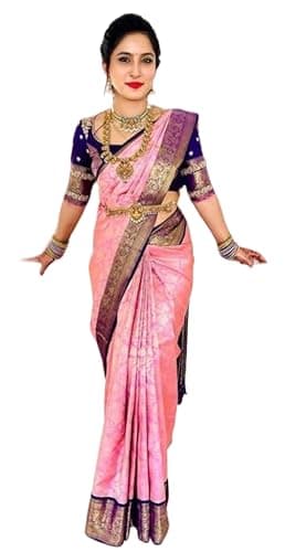 IMTRA FASHION Sari Pour Femme Style Kanjivaram Robe Sari Indienne Banarasi Jacquard Rose Avec Chemisier Non Cousu