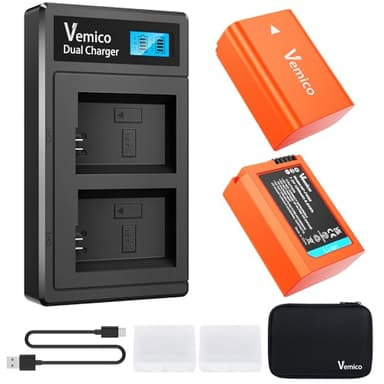Vemico NP-FW50 Batterie Rechargeable 2 Pack 1200mAh avec Double Fente Chargeur LCD Type-C pour NP-FW50 A7 A7ii A7rii A6500 A6400 A6300 A6000 A5100 Nex Série 3/5/6/7 Série SLT-A