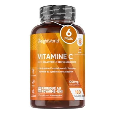 Vitamine C 1000mg Avec Cynorhodons Églantier et Bioflavonoïdes, Vit C Pure Sous Forme d'Acide L Ascorbique, 180 Comprimés Vegan 6 Mois de Stock, Pour Os, Peau, Fatigue et Système Immunitaire EFSA