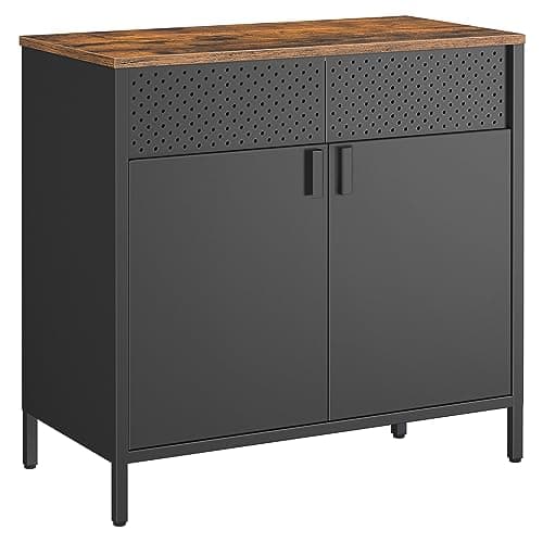 SONGMICS Meuble de Rangement, Buffet, en Métal, Double Porte, Fermeture Magnétique, Cadre en Acier, 40 x 80 x 76 cm, Marron Rustique et Noir LSC102B01