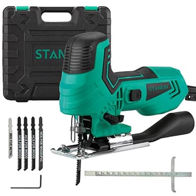 Scie sauteuse STANEW 650 W， Vitesse de sciage par min. 1000-3000RPM，6 Vitesses réglables, 5 lames, Angle de coupe 45º, Profondeur : Bois/Alu/Métal : 65/6/6 mm