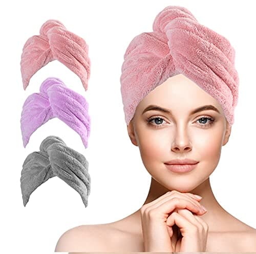 URAQT Serviette Cheveux, Lot de 3 serviettes de séchage en microfibre super absorbantes avec boutons pour cheveux secs, Serviette de Bain Cheveux pour Femmes