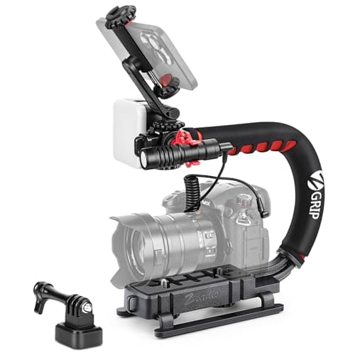 Zeadio Stabilisateur de caméra avec lumière vidéo RVB et microphone, compatible avec tous les caméscopes, appareils photo, reflex numériques, caméras d'action et tous les smartphones