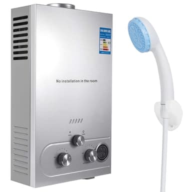 Chauffe-eau à Gaz, Chauffe-eau au Gaz Propane GPL 6L avec Kit de Douche, avec Modes Hiver et Été, chauffe-eau instantané sans réservoir 16kw, pour la Maison et I'extérieur (A)
