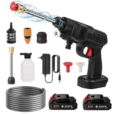 Nettoyeur Haute Pression sans Fil,5L/Min Nettoyeur Haute Pression,20Bar,Jet Max 10 mètres,Nettoyeur Haute Pression sur Batterie,Tuyau 5M,Pot en Mousse,pour Lavage et Arrosage de Voiture (2 Batterie)