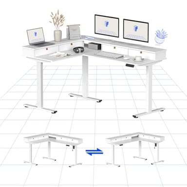 FLEXISPOT Bureau Assis Debout avec Tiroir 160 * 120, Bureau en L Réglable en Hauteur avec Conception Flexible et Espace de Rangement, Bureau d'angle Électrique (Blanc)