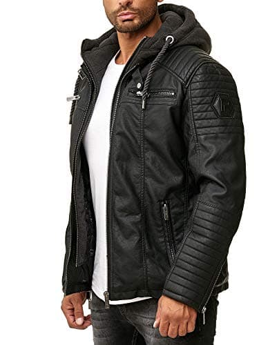 Red Bridge Hommes Veste en Similicuir Biker Casual Jacket à Capuche Mode Blouson,Noir,M