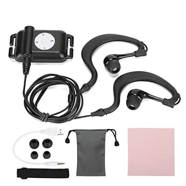 Lecteur MP3 étanche IPX8 avec Casque, Lecteur de Musique de Natation Sportive 8-10 Heures de Lecture de Musique MP3/WMA, Lecteur de Musique 4 Go avec Câble USB, Sac pour Nager, Surfer, Courir