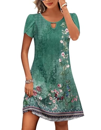 Zeagoo Robe Courte Femme Col Rond Robe à Manches Courtes Boho Décontractée Imprimé Floral Vacances Midi Ete Robe Chic et Elegant Vert XL