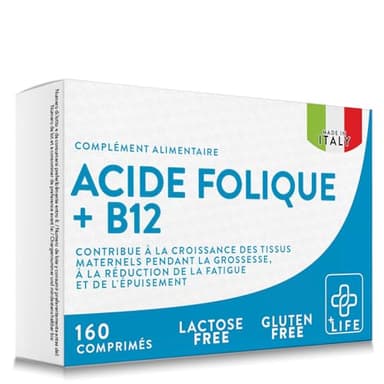 Acide Folique 400μg Avec B12, 160 Comprimés PiùLife 1 Par Jour, Folate Complément Vitamine B9 Et B12, Energie Contre La Fatigue Et L'épuisement, Maman