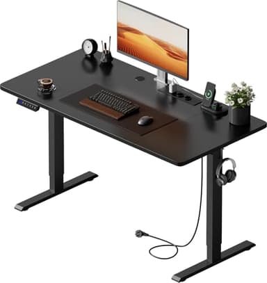HLFURNIEU Bureau Assis Debout Electrique, 140 x 60 cm, Table Reglable Hauteur, avec Prise Intégrée, Port USB, 3 Positions Mémorisables, Standing Desk Noir