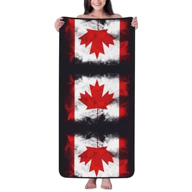 PHAYAH Serviette de bain absorbante en polaire corail à motif drapeau canadien pour hôtel, yoga, salle de sport, douche, spa, serviette de bain, 68,6 x 140 cm, ourlet noir
