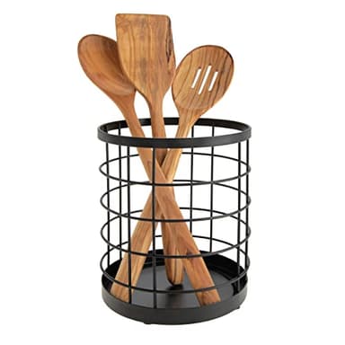 iDesign boite de rangement pour ustensiles de cuisine sur le plan de travail, range couverts rond en métal, bac à couverts, noir mat