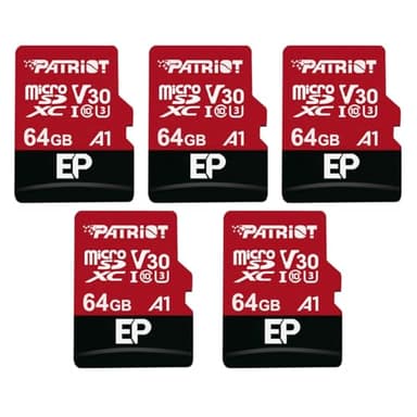 Patriot Memory 64GB A1 / V30 Carte mémoire pour téléphones et tablettes Android, Enregistrement vidéo 4K - Pack de 5.