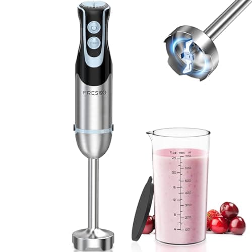FRESKO Mixeur plongeant 1000 W avec 12 niveaux de vitesse, bouton turbo, gobelet de 700 ml avec couvercle, en acier inoxydable, pour sauce, nourriture pour bébé et soupe