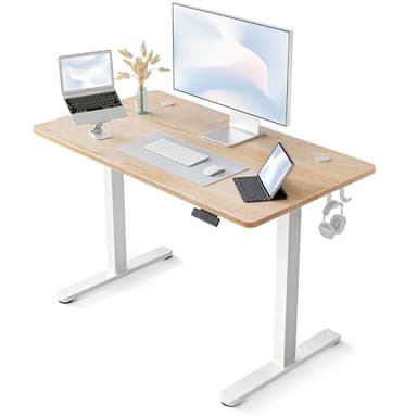 FEZIBO Bureau Assis Debout Électrique, 100 × 60 cmBureau Table Debout Réglable en Hauteur Acier T Pieds avec Système Anti-Collision, Panneau Contrôle à Fonctions Mémoires, Planche Chêne Blanc