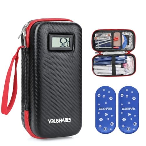 YOUSHARES Pochette Isotherme Insuline, Trousse Isotherme Insuline Medicament Voyage Affichage de la Température avec 2 Poche de Glace pour Diabetique, Sac Isotherme Insuline pour Stylo Seringue, Noir