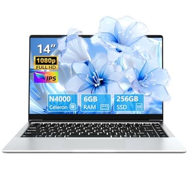 Moacreto Ordinateur Portable 14,1 Pouces 6 Go RAM 256 Go SSD Celeron N4000, PC Portable écran pivotant à 180°, avec Mini-HDMI, 2*USB 3.0, Batterie 5000 mAh, Argent, Fin et léger Laptop